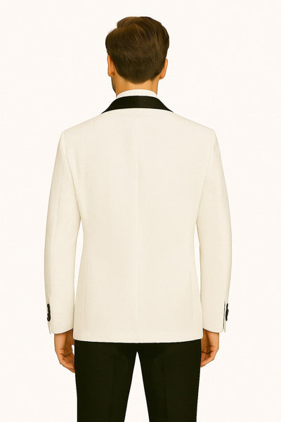 Mens White Swirl Embroidered Tuxedo Jacket with Black Satin Shawl Lapel and Matching Bow Tie