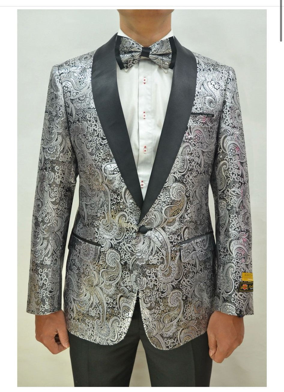 Silver and Black Tuxedo Blazer with Matching Bow Tie - Paisley Sport Coat For Prom or Wedding