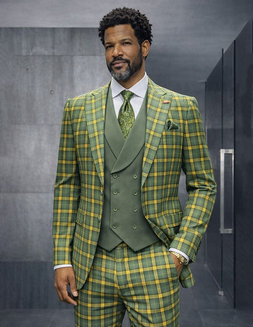 Statement Mens Modern Fit 3 Piece 100% Super 200s Wool Windowpane Plaid Suit β Double Breasted Vest