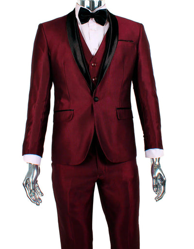 Maroon Prom Suit - Maroon Prom Tuxedo Suits - Maroon Wedding Tuxedo Mens 1 Button Shawl Lapel Vested Wedding | Prom Tuxedo in Burgundy Sharkskin