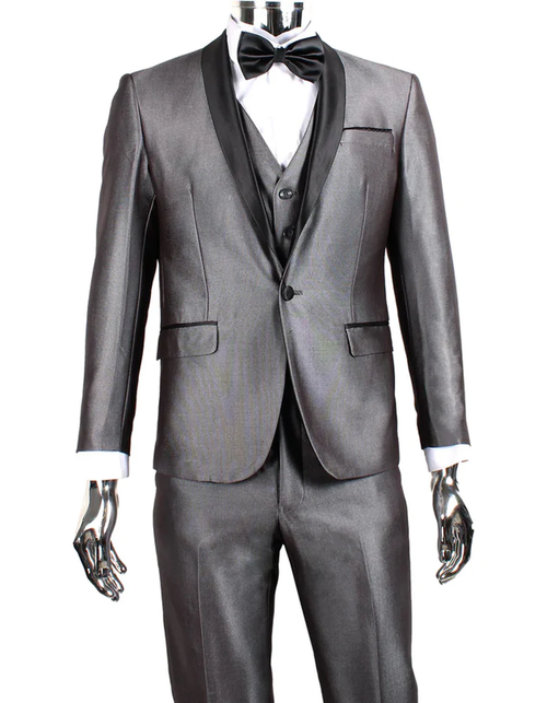 Gray Prom Suit - Mens 1 Button Shawl Lapel Vested Wedding | Prom Tuxedo in Silver Grey Sharkskin