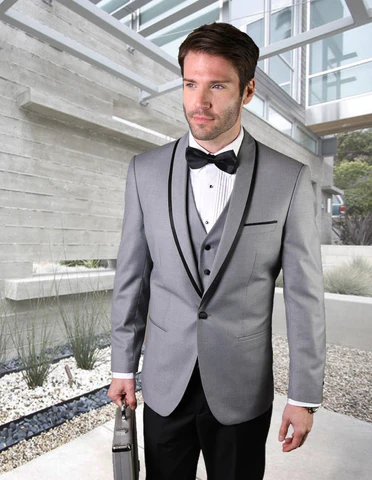 Gray Prom Suit - Mens Vested Wool Tuxedo in Shawl Lapel with Satin Trim in Grey & Black