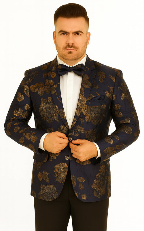 Mens 2 Button Navy Blue & Gold Blazer by Alberto Nardoni