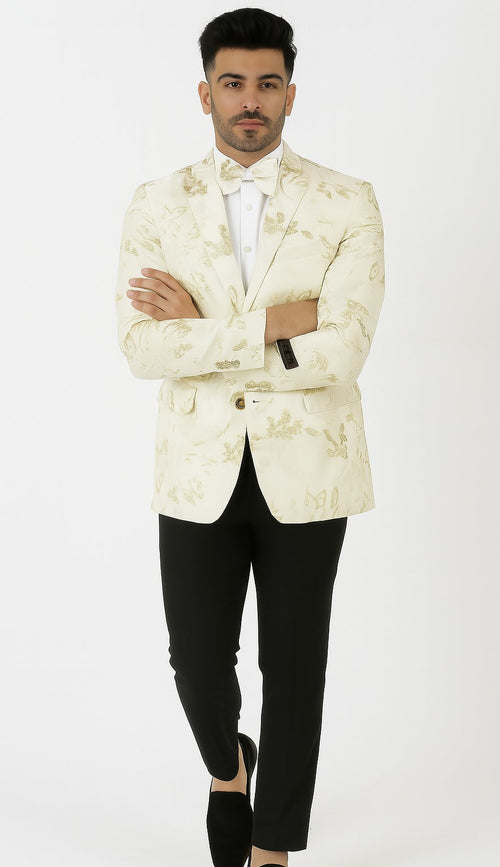 Mens 2 Button White with Gold Foil Floral Blazer by Alberto Nardoni