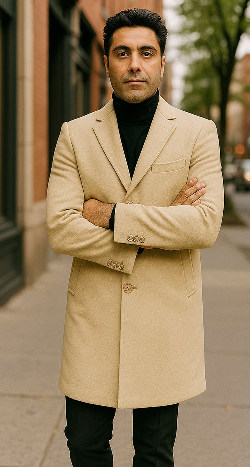 Mens Beige Wool Overcoat with Classic Notch Lapel and Single-Breasted Closure - Light Tan Sand Color by USA Men's Outlet