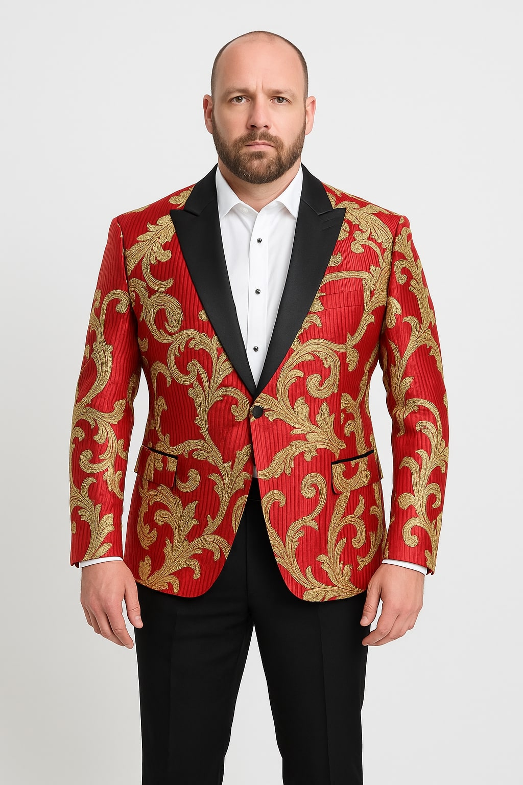 Mens Red and Gold Embroidered Tuxedo Blazer – Baroque Style One Button Dinner Jacket with Black Satin Lapel – SuitUSA