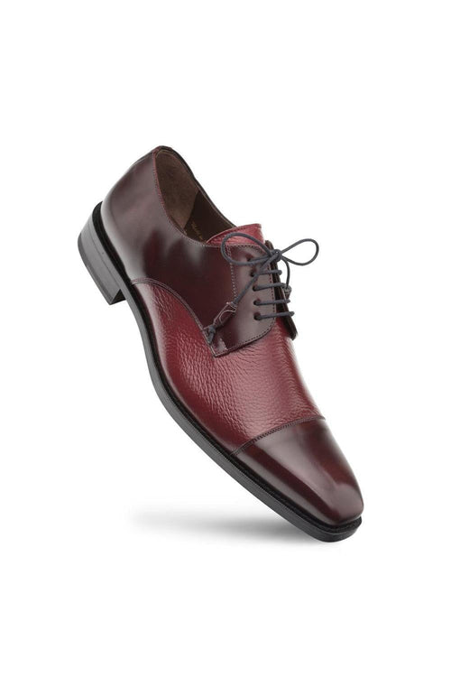Mens Mezlan Cap-Toe Dress Lace-Up Blending Supple Textured Deerskin And Polished Calfskin With An Elegant Tassel Detail In Color Burgundy