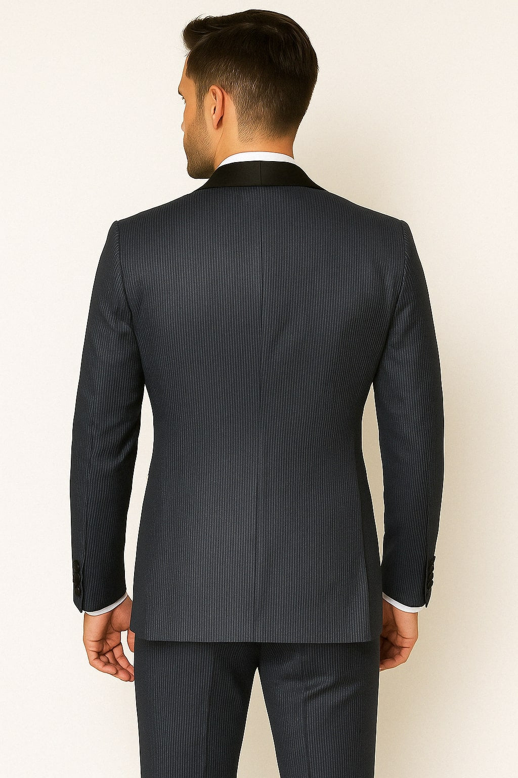 Mens Midnight Blue Stripe Tuxedo Jacket with Black Satin Shawl Lapel – Shiny Formal Party Suit