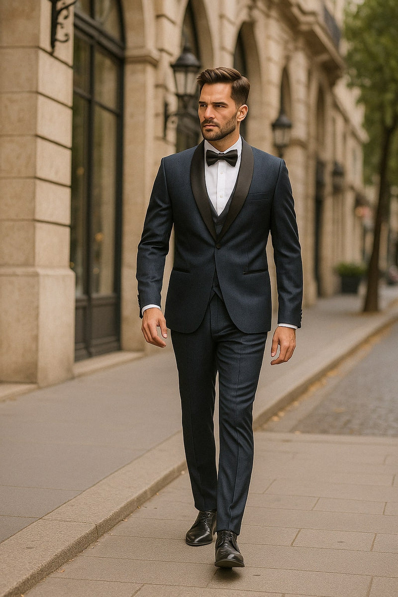 Mens Midnight Blue Stripe Tuxedo Jacket with Black Satin Shawl Lapel – Shiny Formal Party Suit