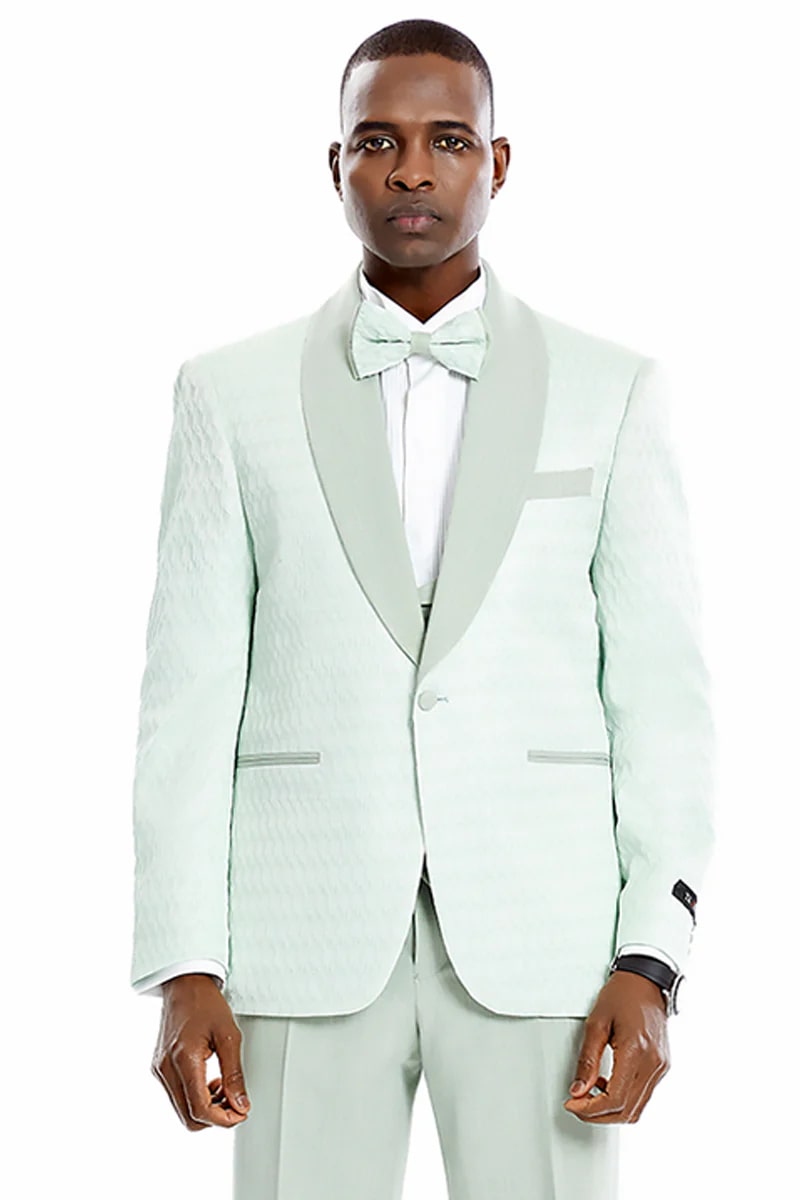 Green Prom Suit For Men - Men's One Button Vested Honeycomb Lace Design Wedding Mint Green Prom Tuxedo