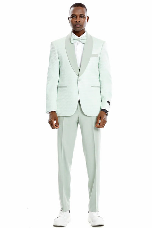 Green Prom Suit For Men - Men's One Button Vested Honeycomb Lace Design Wedding Mint Green Prom Tuxedo
