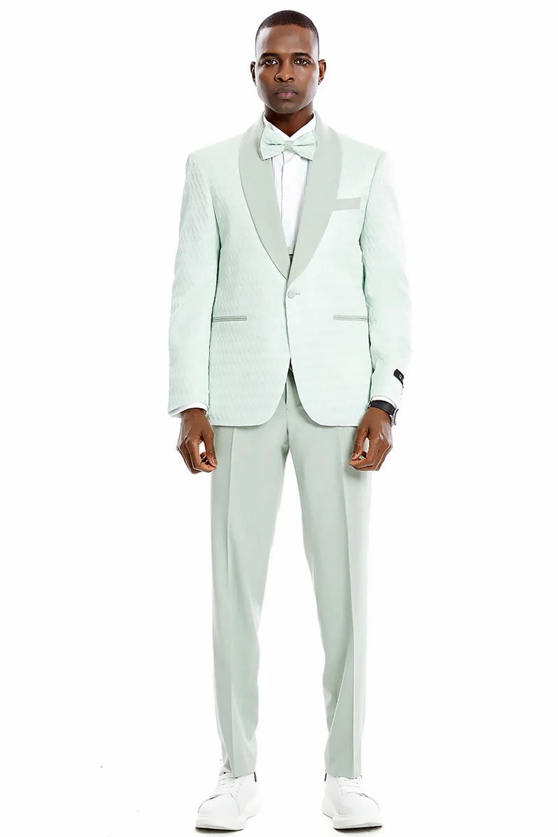 Green Prom Suit For Men - Men's One Button Vested Honeycomb Lace Design Wedding Mint Green Prom Tuxedo
