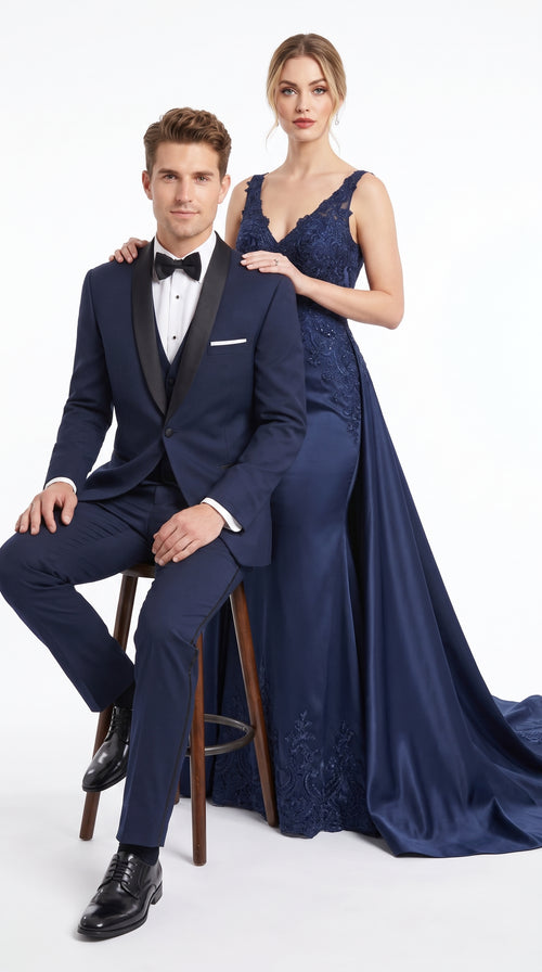 Designer Tuxedos Men’s Navy One Button Shawl Lapel Tuxedo Suit for Wedding, Prom and Formal Events
