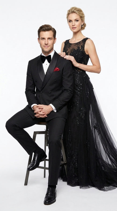 Men’s Black 6 Button Double Breasted Tuxedo, 2 Piece Formal Wedding Prom Suit