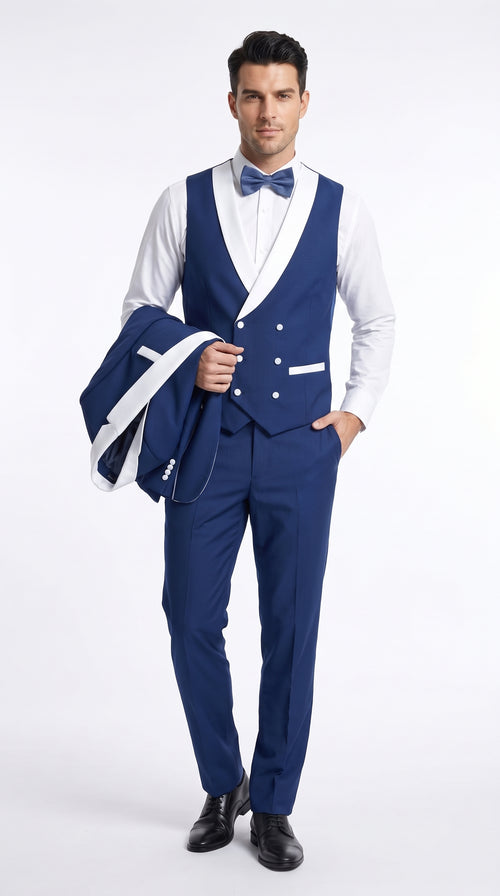 Men’s Royal Blue Tuxedo 3 Piece Suit with White Shawl Lapel – Double Breasted Vest Wedding & Prom Suit