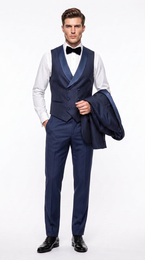 Men’s Navy Pinstripe Great Gatsby Tuxedo Suit, Shawl Collar Sateen Lapel Formal Wedding Prom Suit