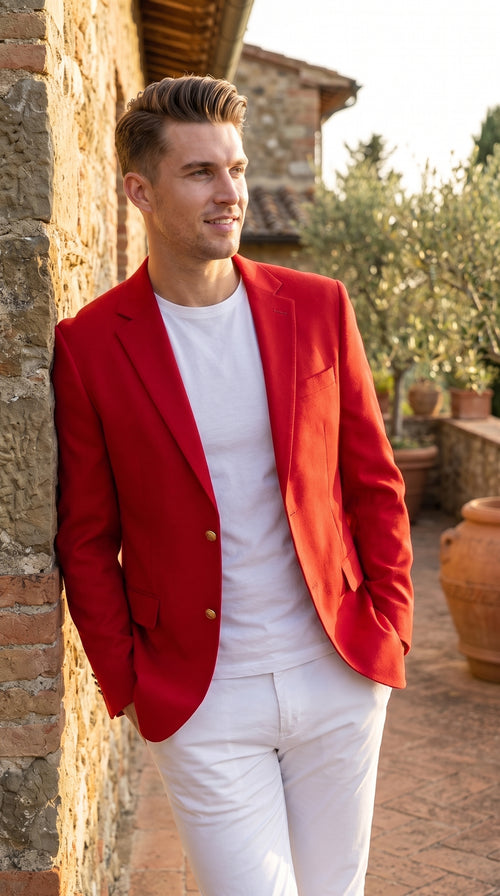 Men’s Solid Red Sport Coat Jacket, Unique Fashion Designer Dress Blazer for Men