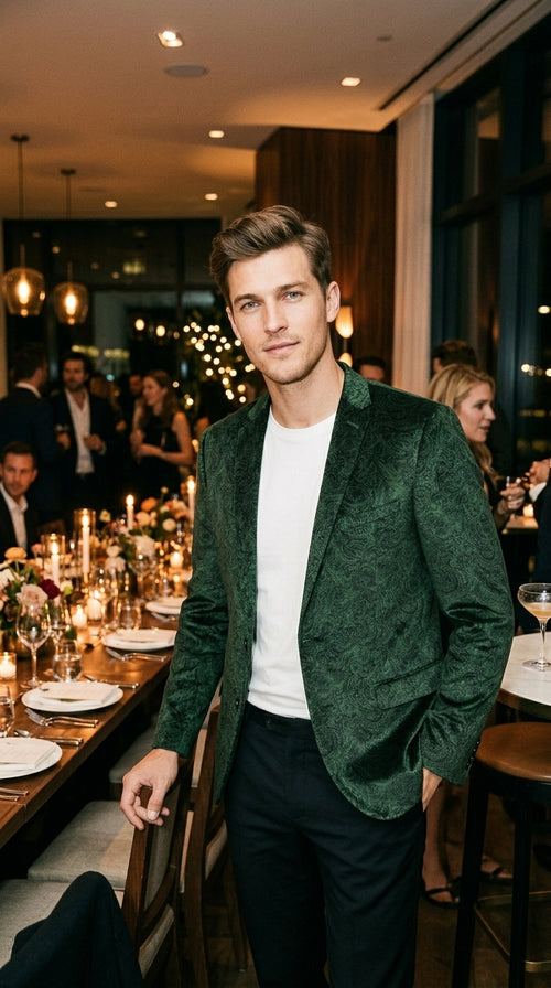 Men’s Olive Green Paisley Velvet Blazer, Formal Jacquard Sport Coat for Weddings, Prom and Parties