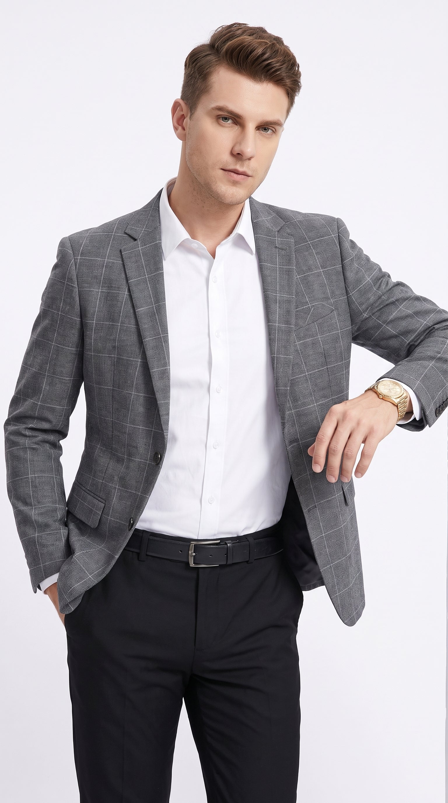Tazio Menβs Charcoal Grey Plaid Sport Coat, 2 Button Windowpane Formal Blazer