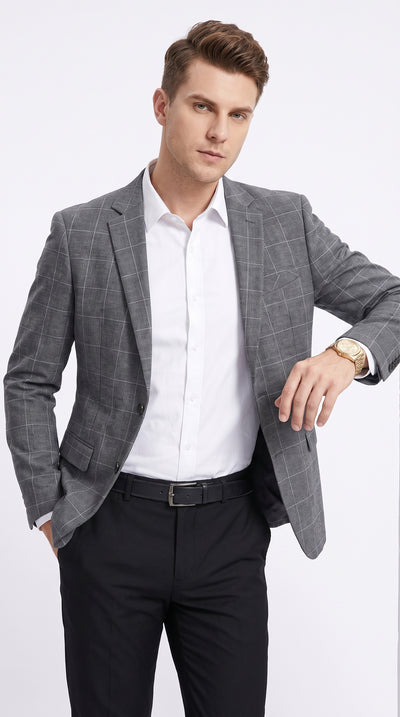 Tazio Men’s Charcoal Grey Plaid Sport Coat, 2 Button Windowpane Formal Blazer