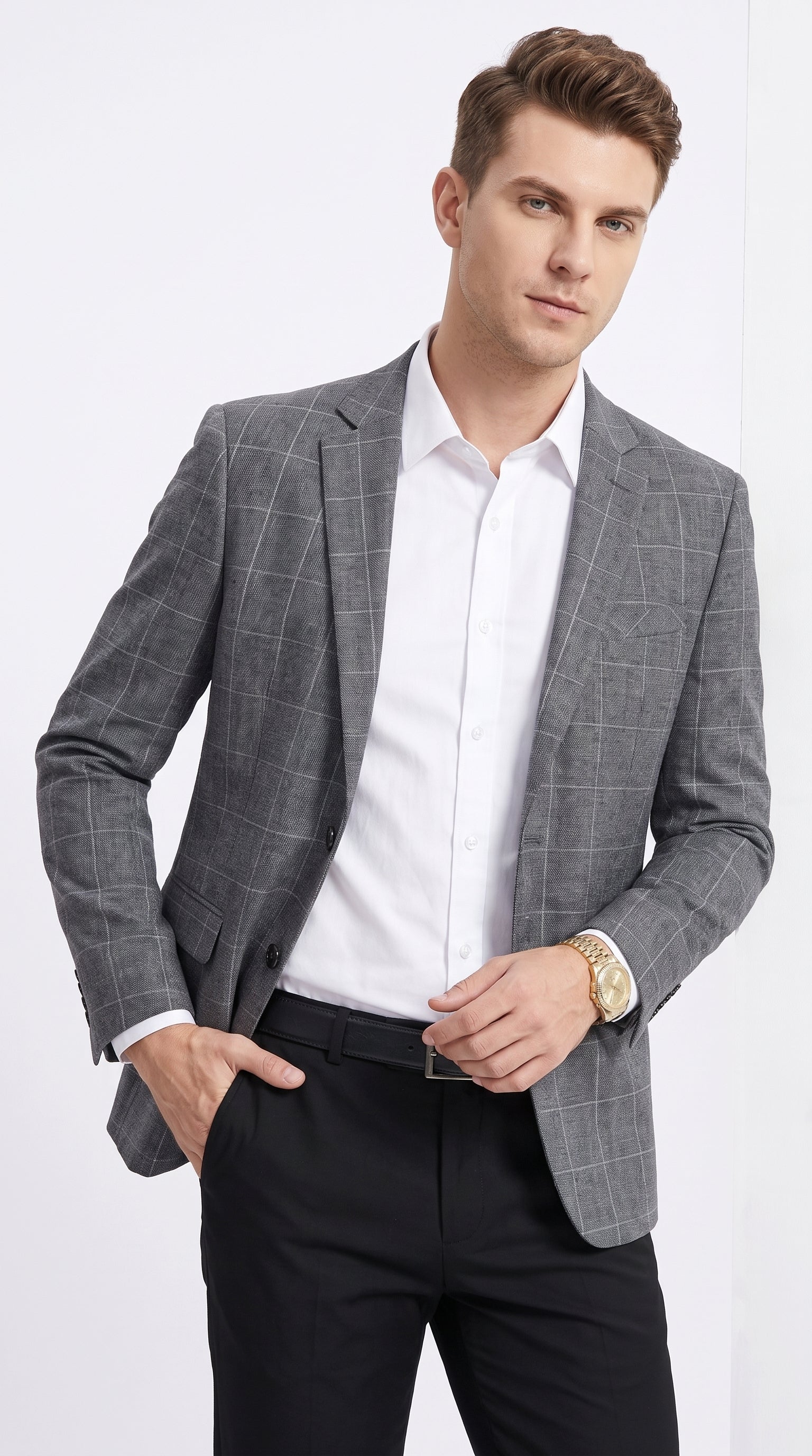 Tazio Menβs Charcoal Grey Plaid Sport Coat, 2 Button Windowpane Formal Blazer β SuitUSA