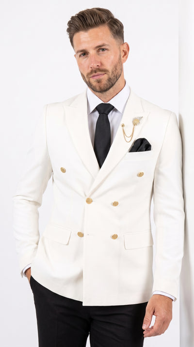 Men’s Ivory Double Breasted Blazer with Gold Buttons, Cream Off White Formal Sport Coat