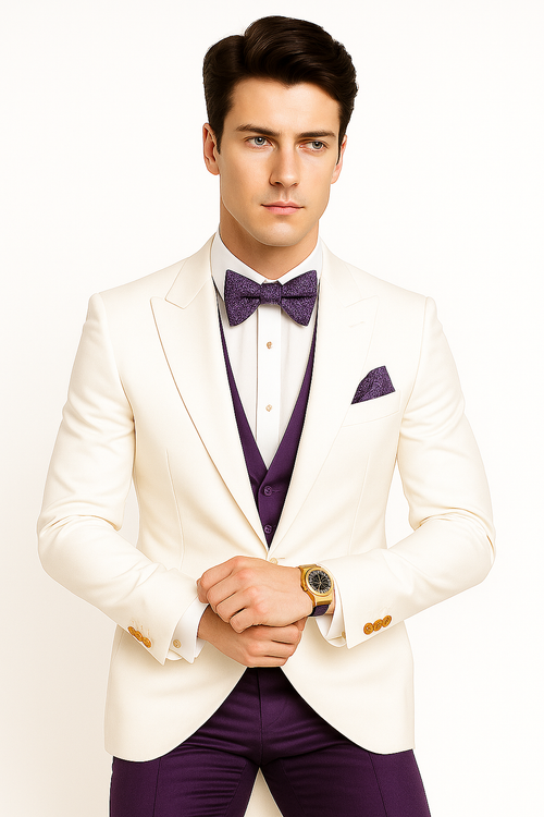 White and Purple Tuxedo Wedding Suit - White Dinner Jacket + Vest + Pants + Bow-tie
