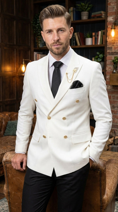 Men’s Ivory Double Breasted Blazer with Gold Buttons, Cream Off White Formal Sport Coat