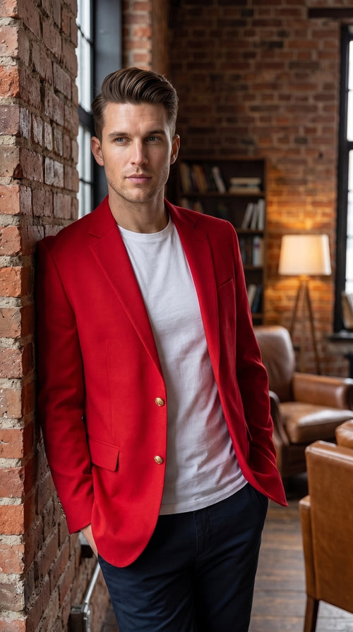 Men’s Solid Red Sport Coat Jacket, Unique Fashion Designer Dress Blazer for Men