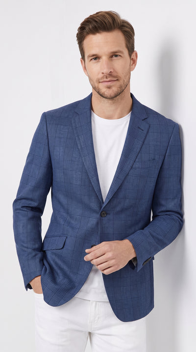 Renoir Men’s Navy Blue Plaid Blazer, 2 Button Formal Sport Coat for Weddings, Prom and Business Events