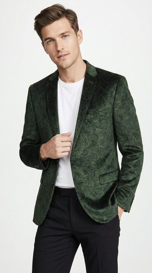 Men’s Olive Green Paisley Velvet Blazer, Formal Jacquard Sport Coat for Weddings, Prom and Parties