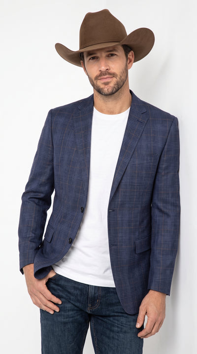 Men’s Blue Windowpane Plaid Western Sport Coat, Classic Fit 2 Button Wool Linen Blazer