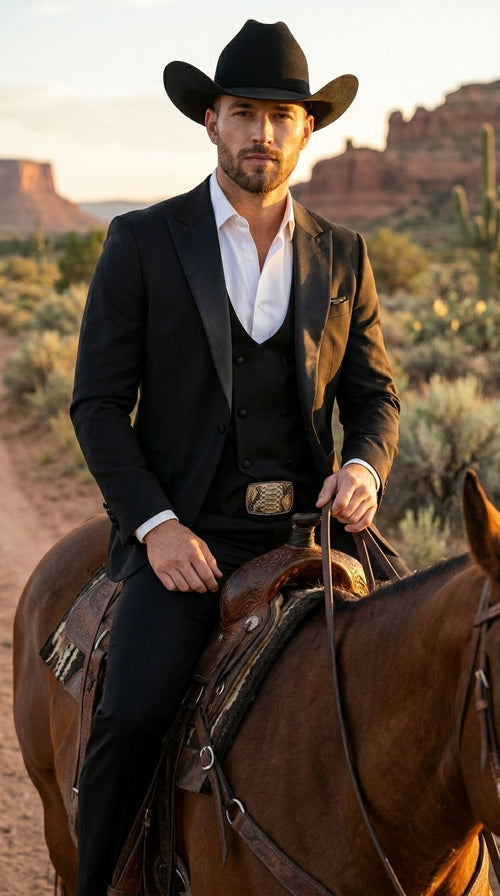 Men’s Black Western Tuxedo Suit with Satin Shawl Lapel Blazer and Double Breasted Vest