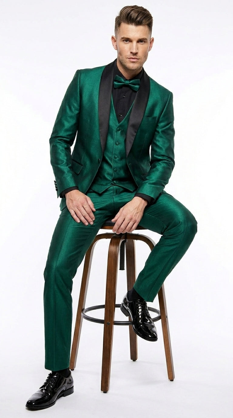 Men’s Emerald Green 3 Piece Tuxedo with Black Satin Shawl Lapel and Matching Vest