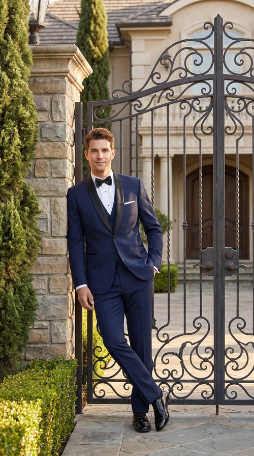 Designer Tuxedos Men’s Navy One Button Shawl Lapel Tuxedo Suit for Wedding, Prom and Formal Events