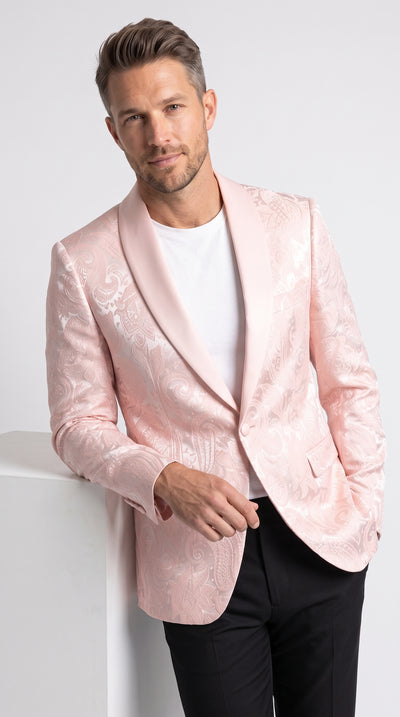 Men’s Light Pink Paisley Blazer, Blush Pink Prom Tuxedo Dinner Jacket with Satin Shawl Lapel