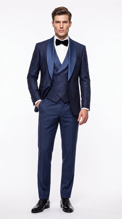 Men’s Navy Pinstripe Great Gatsby Tuxedo Suit, Shawl Collar Sateen Lapel Formal Wedding Prom Suit