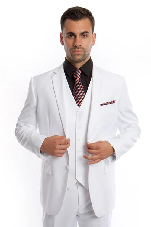 Men's Vested Two Button Solid Color Wedding Business Suit in White - Men's Tuxedo USA