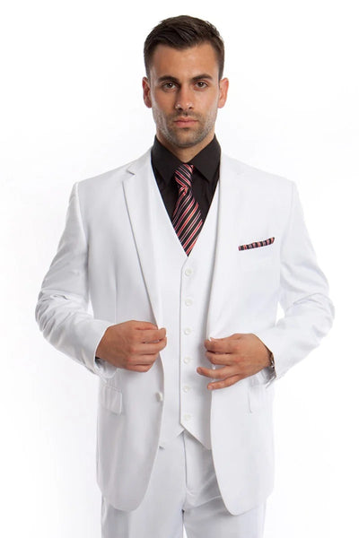 Men's Vested Two Button Solid Color Wedding Business Suit in White - Men's Tuxedo USA