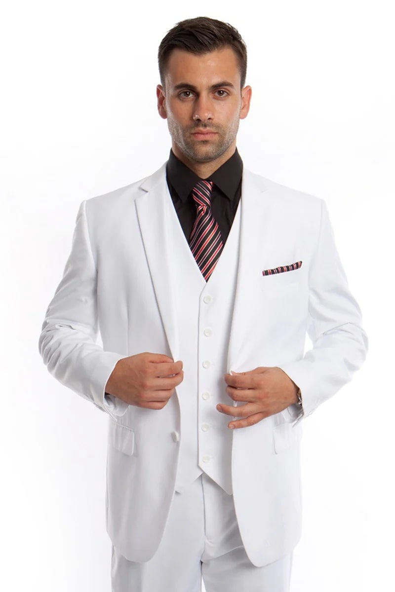 Men's Vested Two Button Solid Color Wedding Business Suit in White - Men's Tuxedo USA