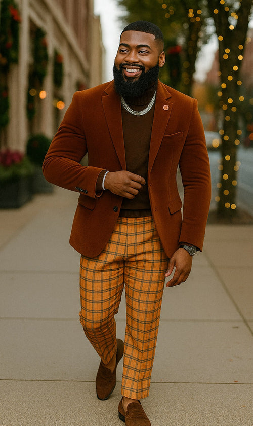 EJ Samuel - Modern Fit Velvet Blazer - Rust Light Brown Copper Color - 2-Button - Mens