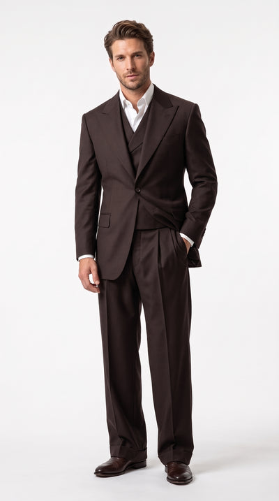 Tiglio Rosso Men’s Chocolate Brown 3 Piece Wool Suit, Classic Fit Super 150s Suit with Double Breasted Vest