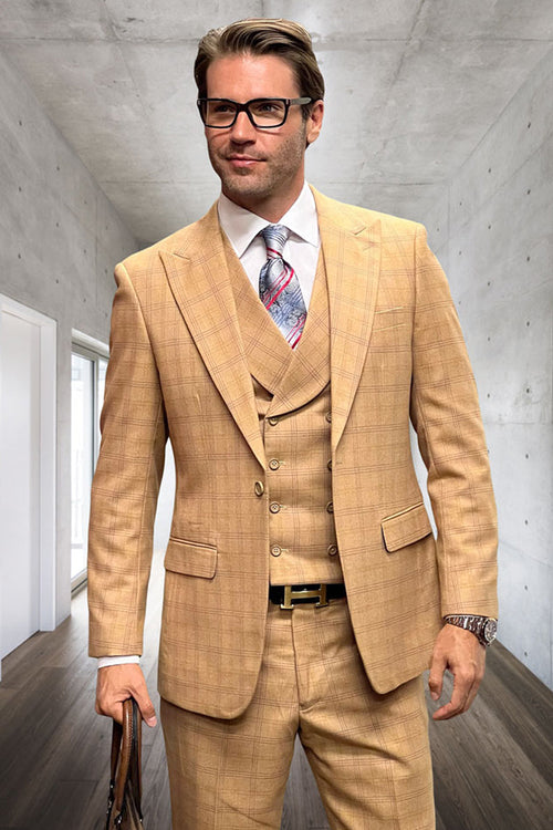 Men's Designer Wool Suit with Double Breasted Vest in Camel Windowpane Plaid by Statement