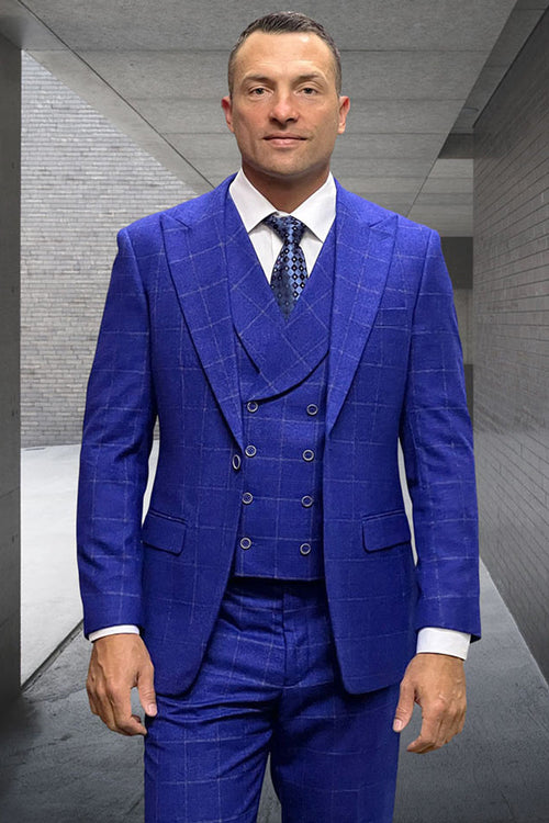 Men's Designer Wool Suit with Double Breasted Vest in Cobalt Blue Windowpane Plaid by Statement