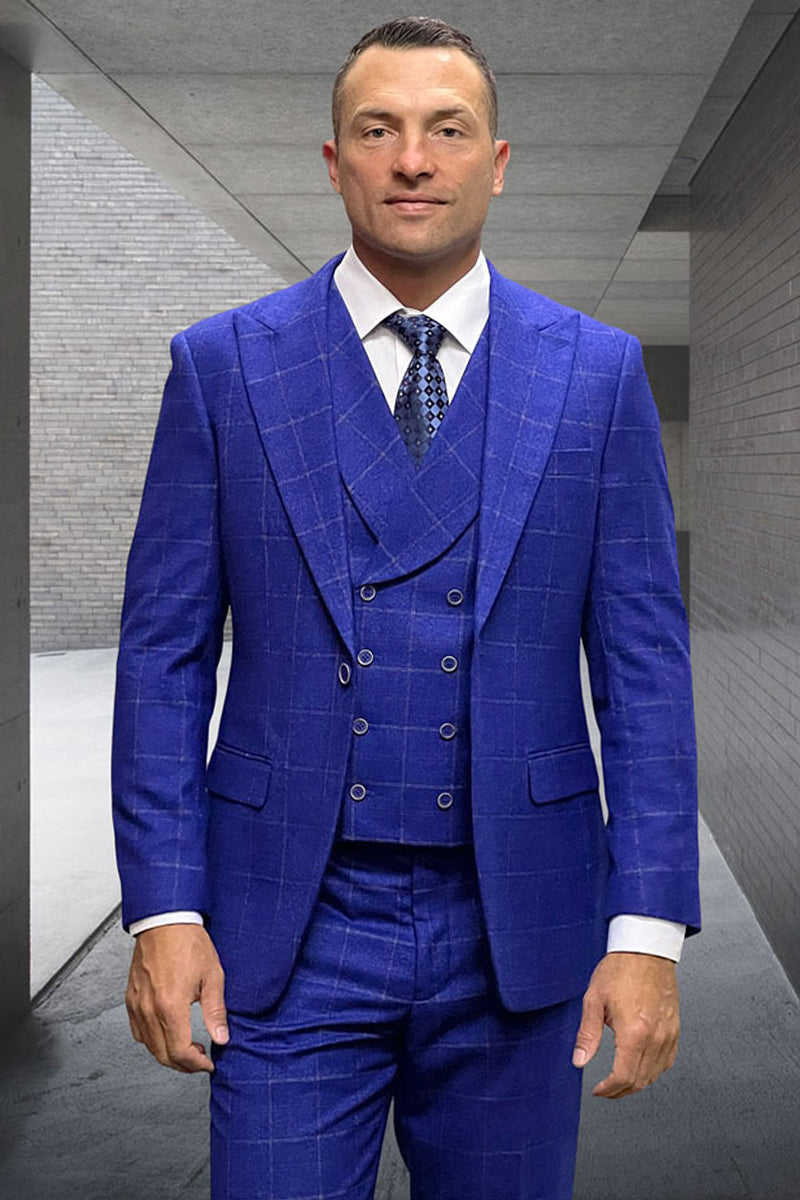 Men's Designer Wool Suit in Cobalt Blue Windowpane Plaid