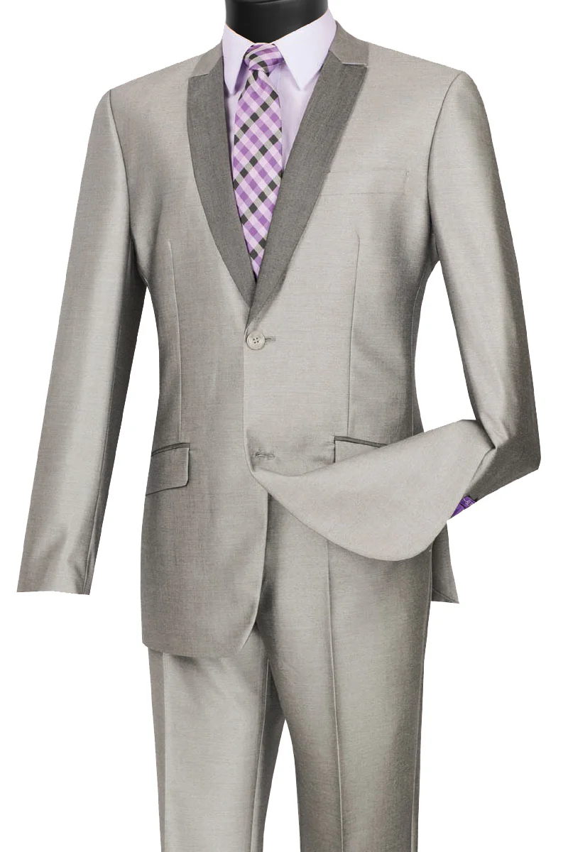 Mens Gray Tuxedo - Grey Wedding Suit-Mens 2 Button Slim Fit Peak Shawl Tuxedo In Grey - Men's Tuxedo USA