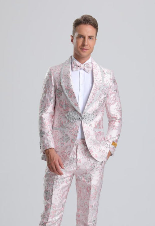 Men's Fancy Pink Floral Paisley Prom Tuxedo with Silver Trim by PROMTUXEDO