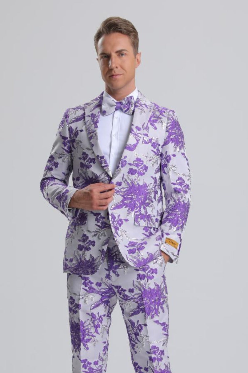 Men's Purple, White & Silver Floral Paisley Prom Tuxedo by PROMTUXEDO