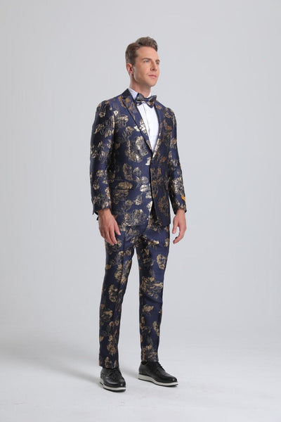 Men's Navy & Gold Floral Paisley Prom Tuxedo by PROMTUXEDO