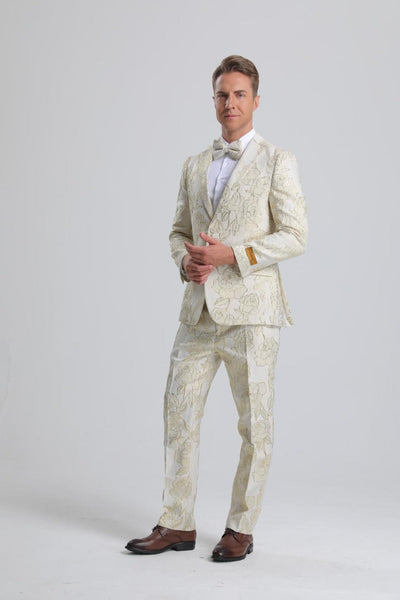 Men's Ivory & Gold Floral Paisley Prom Tuxedo by PROMTUXEDO